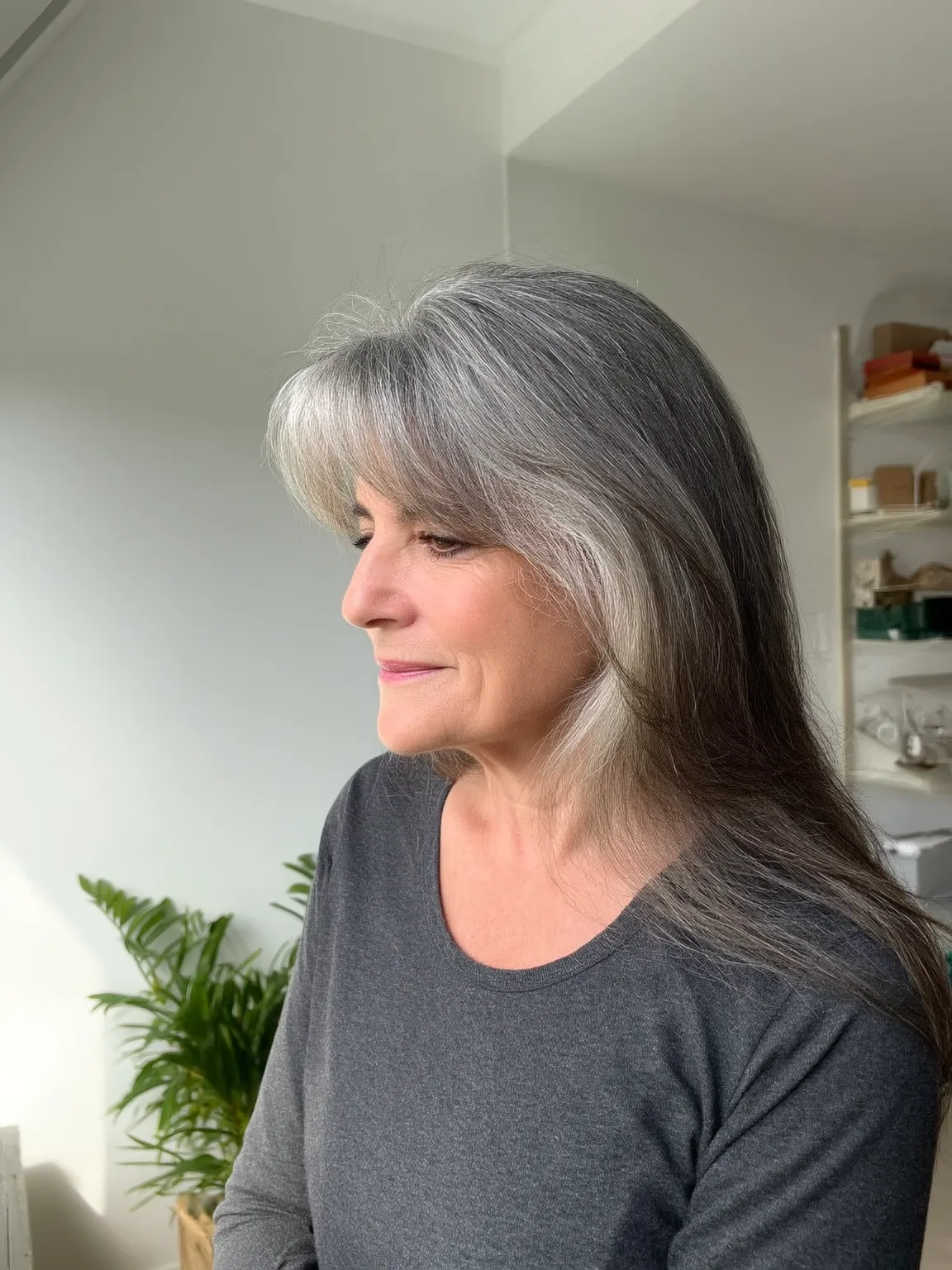 Sleek Long Layers with Silver Gray Shine